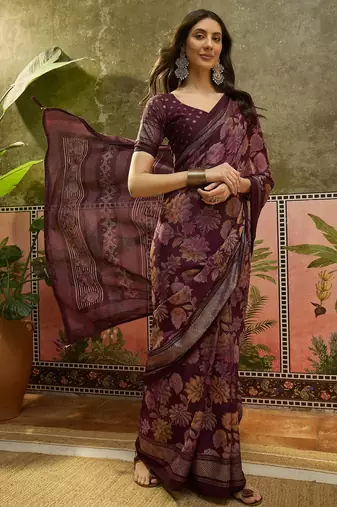 Wine georgette bandhni saree with unstitched blouse piece