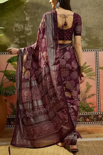 Wine georgette bandhni saree with unstitched blouse piece