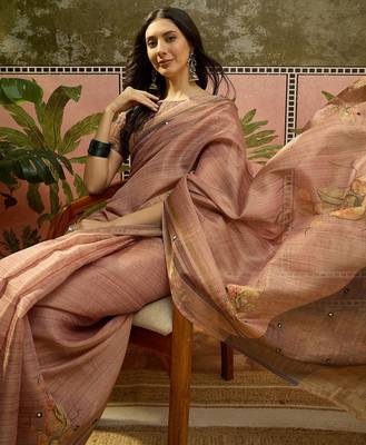 Brown cotton silk blend printed saree with unstitched blouse piece 1