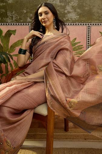 Brown cotton silk printed saree with unstitched blouse piece