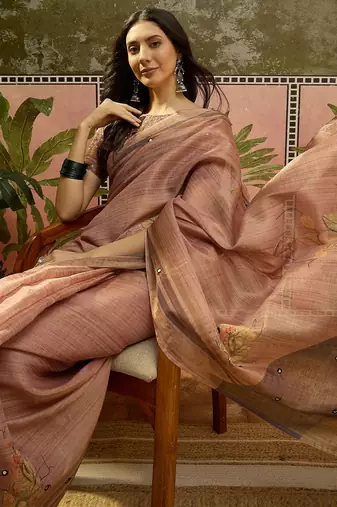 Brown cotton silk printed saree with unstitched blouse piece