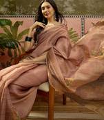 Brown cotton silk blend printed saree with unstitched blouse piece