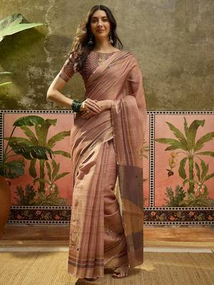 Brown cotton silk blend printed saree with unstitched blouse piece 2