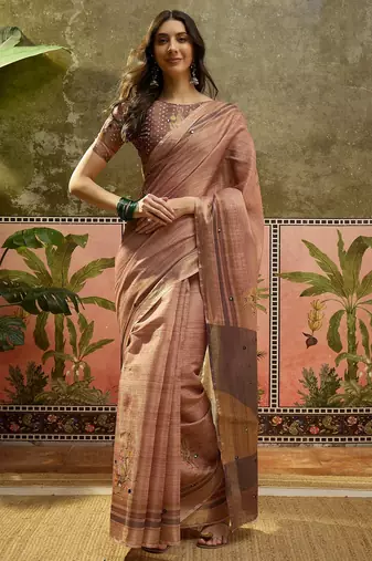 Brown cotton silk blend printed saree with unstitched blouse piece