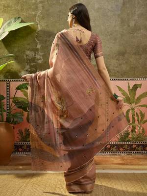 Brown cotton silk blend printed saree with unstitched blouse piece 3