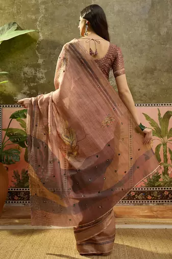 Brown cotton silk blend printed saree with unstitched blouse piece