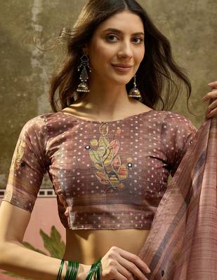 Brown cotton silk blend printed saree with unstitched blouse piece 4