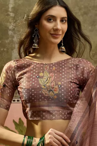 Brown cotton silk blend printed saree with unstitched blouse piece