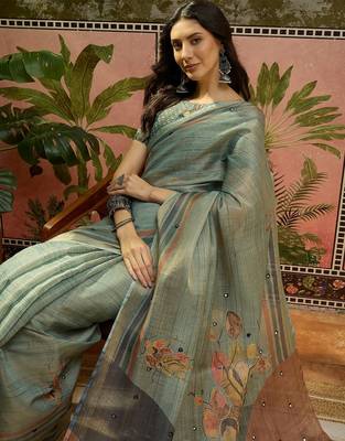 Gren cotton silk blend printed saree with unstitched blouse piece 1