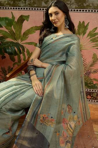 Gren cotton silk printed saree with unstitched blouse piece