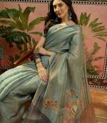 Gren cotton silk printed saree with unstitched blouse piece