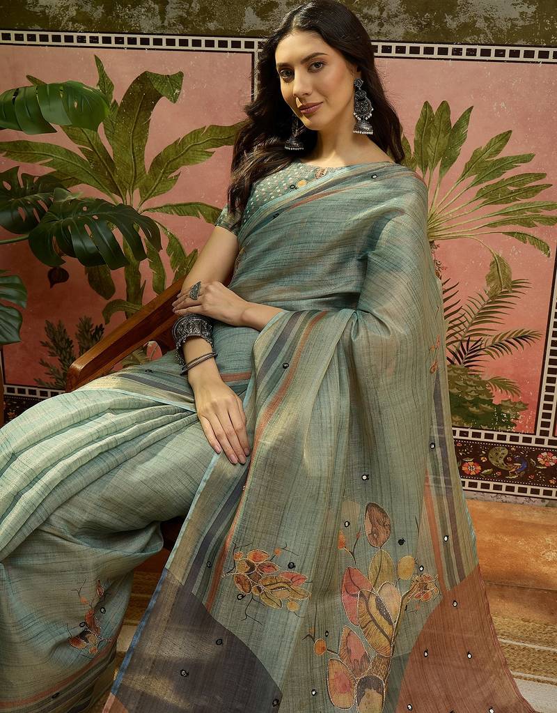 Gren cotton silk printed saree with unstitched blouse piece