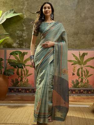 Gren cotton silk blend printed saree with unstitched blouse piece 2