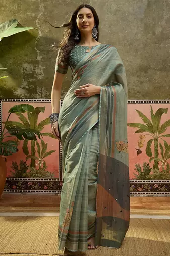 Gren cotton silk blend printed saree with unstitched blouse piece