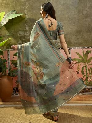 Gren cotton silk blend printed saree with unstitched blouse piece 3