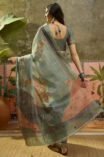 Gren cotton silk blend printed saree with unstitched blouse piece