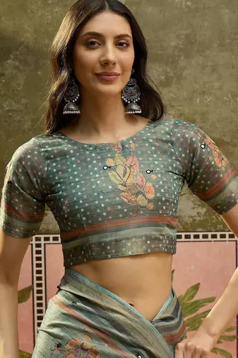 Gren cotton silk blend printed saree with unstitched blouse piece