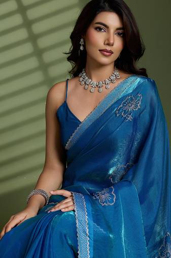 Blue silk satin embellished saree with unstitched blouse piece