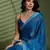 Blue silk blend satin embellished saree with unstitched blouse piece