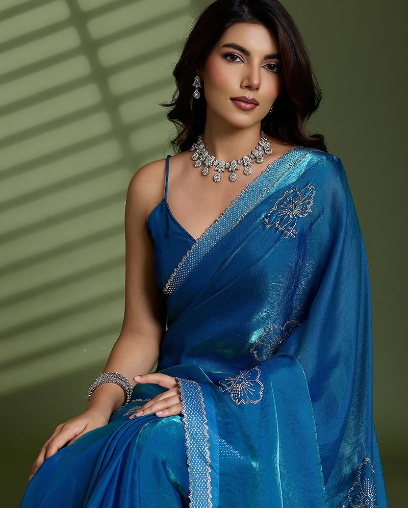 Blue silk satin embellished saree with unstitched blouse piece