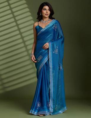Blue silk blend satin embellished saree with unstitched blouse piece 2
