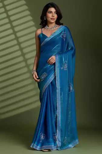 Blue silk blend satin embellished saree with unstitched blouse piece