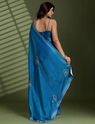 Blue silk blend satin embellished saree with unstitched blouse piece 3
