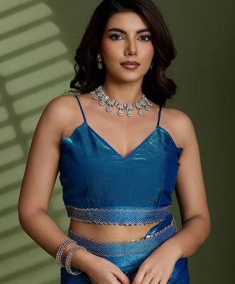 Blue silk blend satin embellished saree with unstitched blouse piece 4
