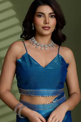 Blue silk blend satin embellished saree with unstitched blouse piece