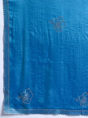 Blue silk blend satin embellished saree with unstitched blouse piece 5