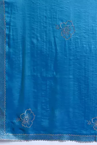 Blue silk blend satin embellished saree with unstitched blouse piece