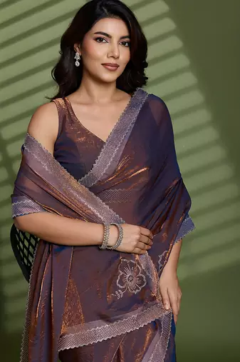 Brown silk satin embellished saree with unstitched blouse piece