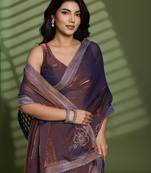 Brown silk blend satin embellished saree with unstitched blouse piece
