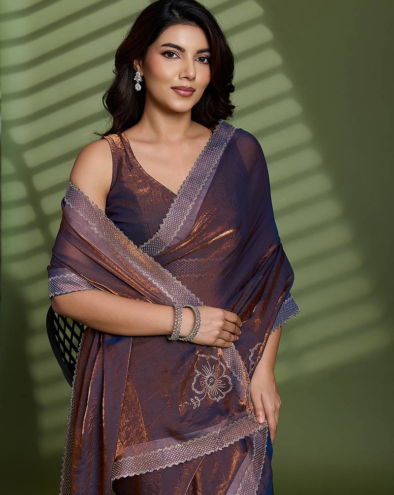 Brown silk satin embellished saree with unstitched blouse piece