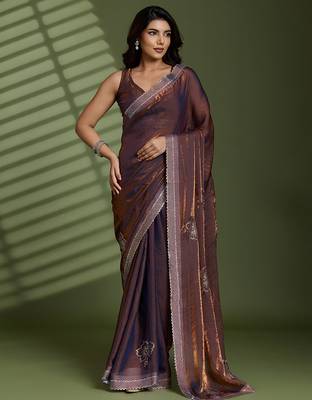 Brown silk blend satin embellished saree with unstitched blouse piece 2