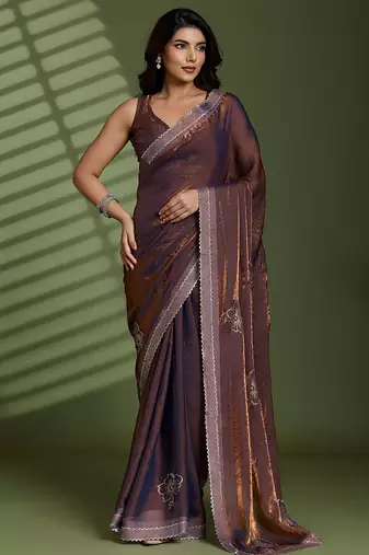 Brown silk blend satin embellished saree with unstitched blouse piece