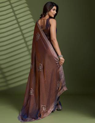 Brown silk blend satin embellished saree with unstitched blouse piece 3