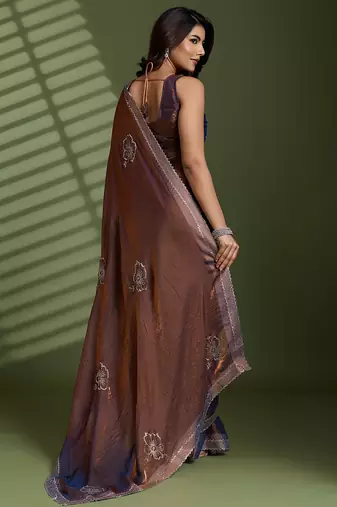 Brown silk blend satin embellished saree with unstitched blouse piece
