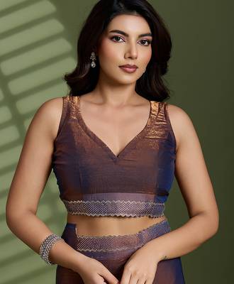 Brown silk blend satin embellished saree with unstitched blouse piece 4
