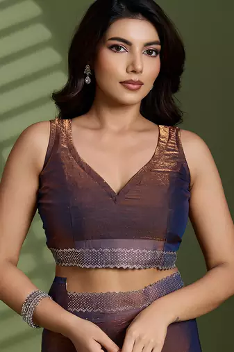 Brown silk blend satin embellished saree with unstitched blouse piece