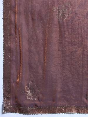 Brown silk blend satin embellished saree with unstitched blouse piece 5