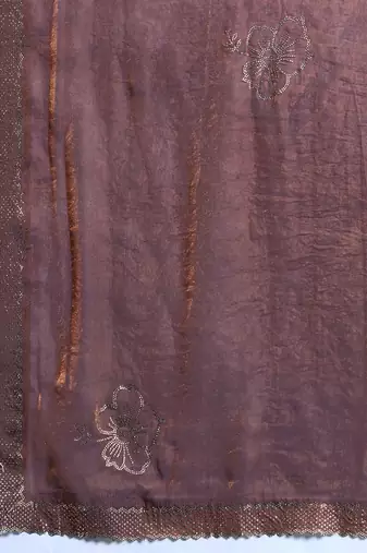 Brown silk blend satin embellished saree with unstitched blouse piece