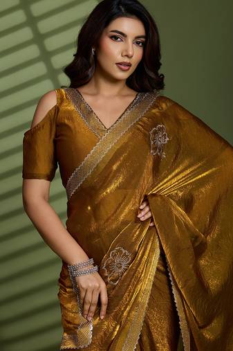 Gold silk satin embellished saree with unstitched blouse piece