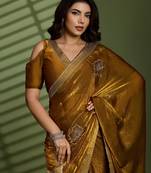 Gold silk blend satin embellished saree with unstitched blouse piece
