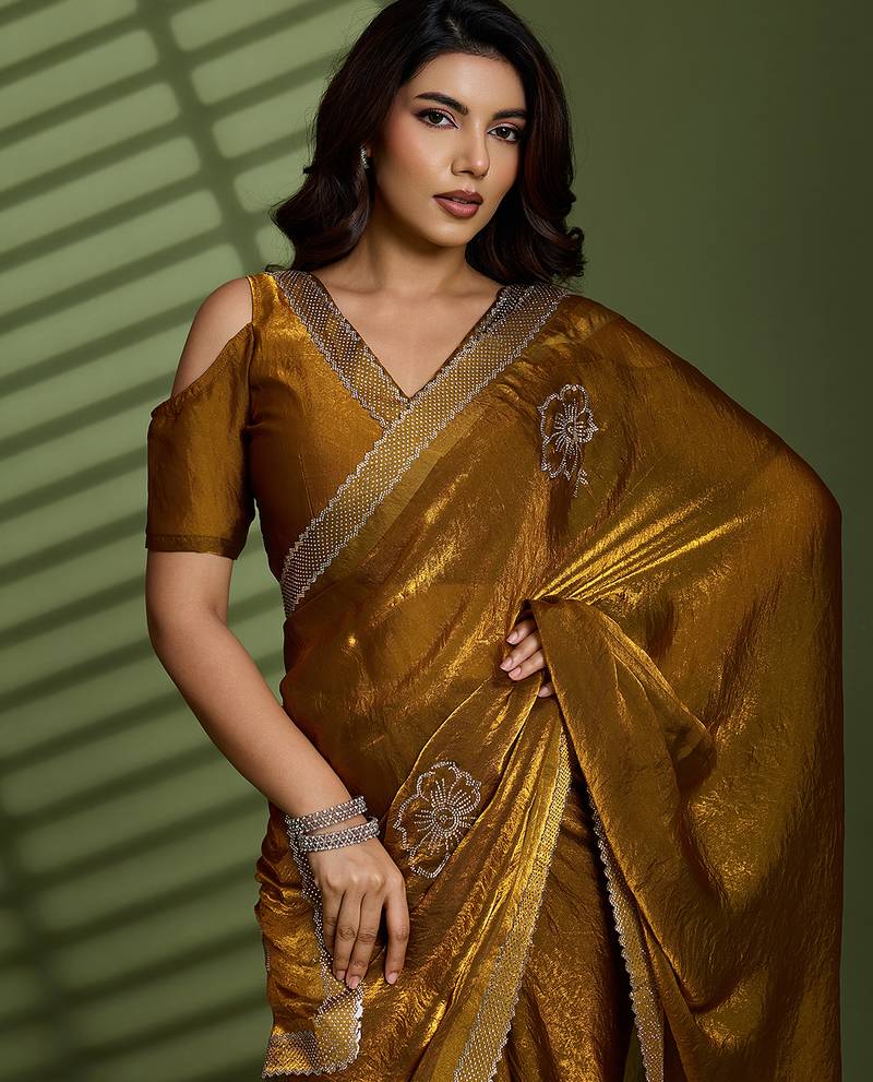 Gold silk satin embellished saree with unstitched blouse piece
