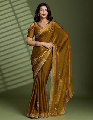 Gold silk blend satin embellished saree with unstitched blouse piece 2