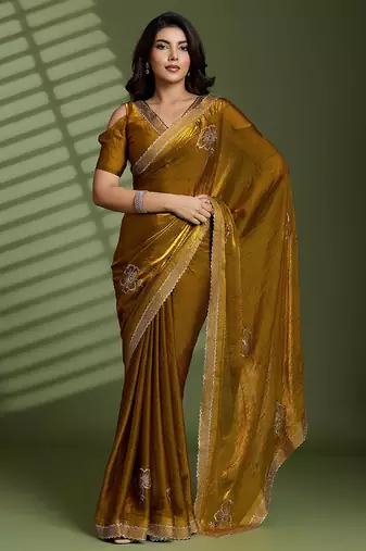 Gold silk blend satin embellished saree with unstitched blouse piece