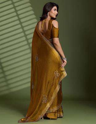 Gold silk blend satin embellished saree with unstitched blouse piece 3