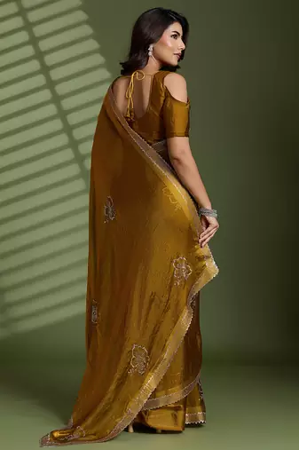 Gold silk blend satin embellished saree with unstitched blouse piece