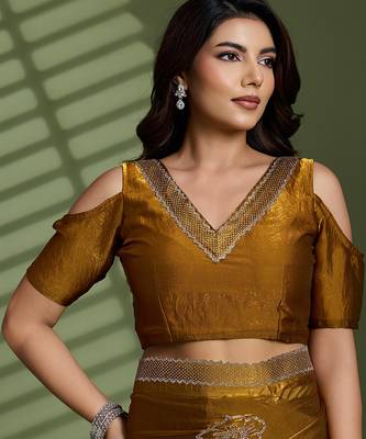 Gold silk blend satin embellished saree with unstitched blouse piece 4